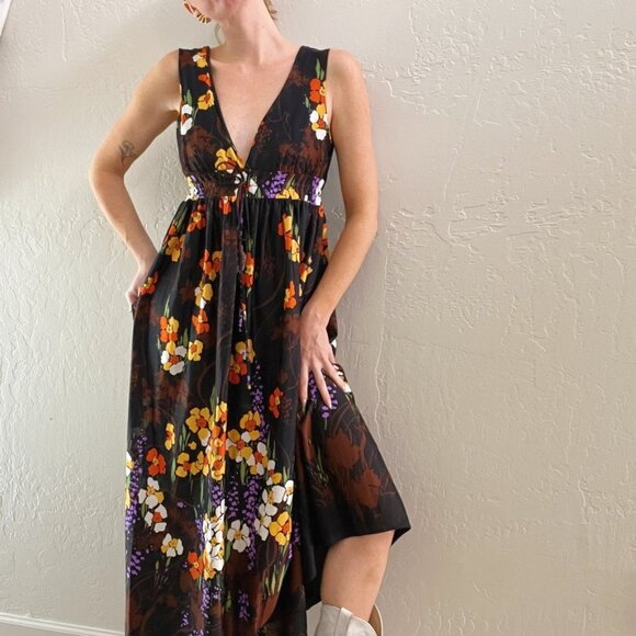 Vintage Floral Maxi Dress - Black, Orange, Purple - Picture 1 of 9